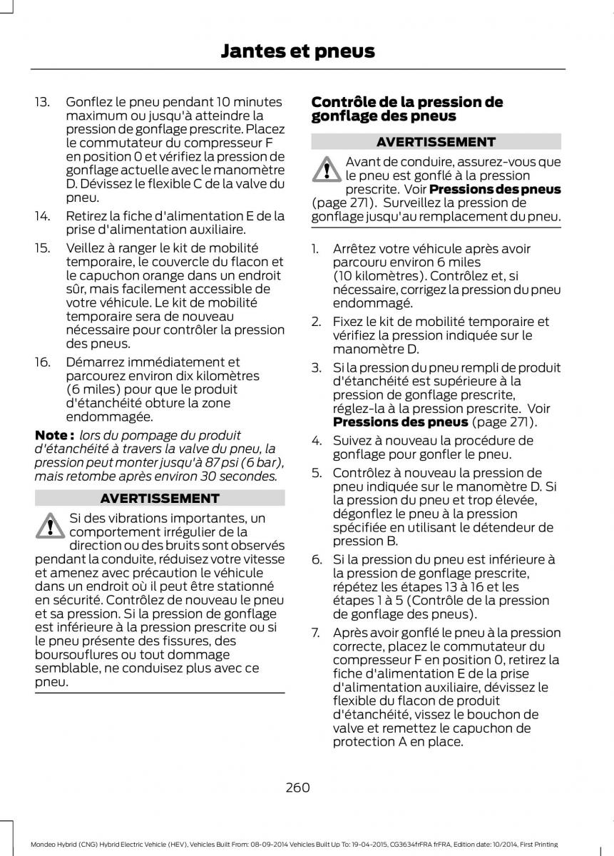 Ford Mondeo hybrid MKV MK5 manuel du proprietaire / page 262