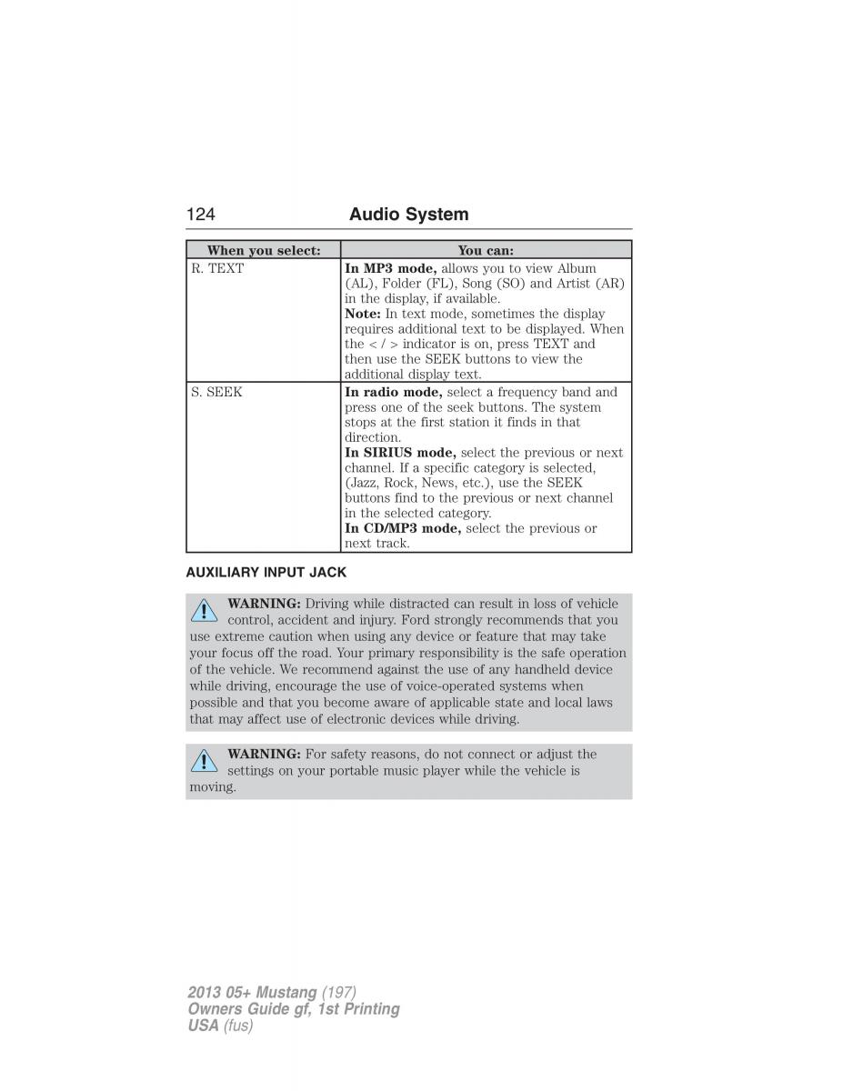 Ford Mustang V 5 owners manual / page 124