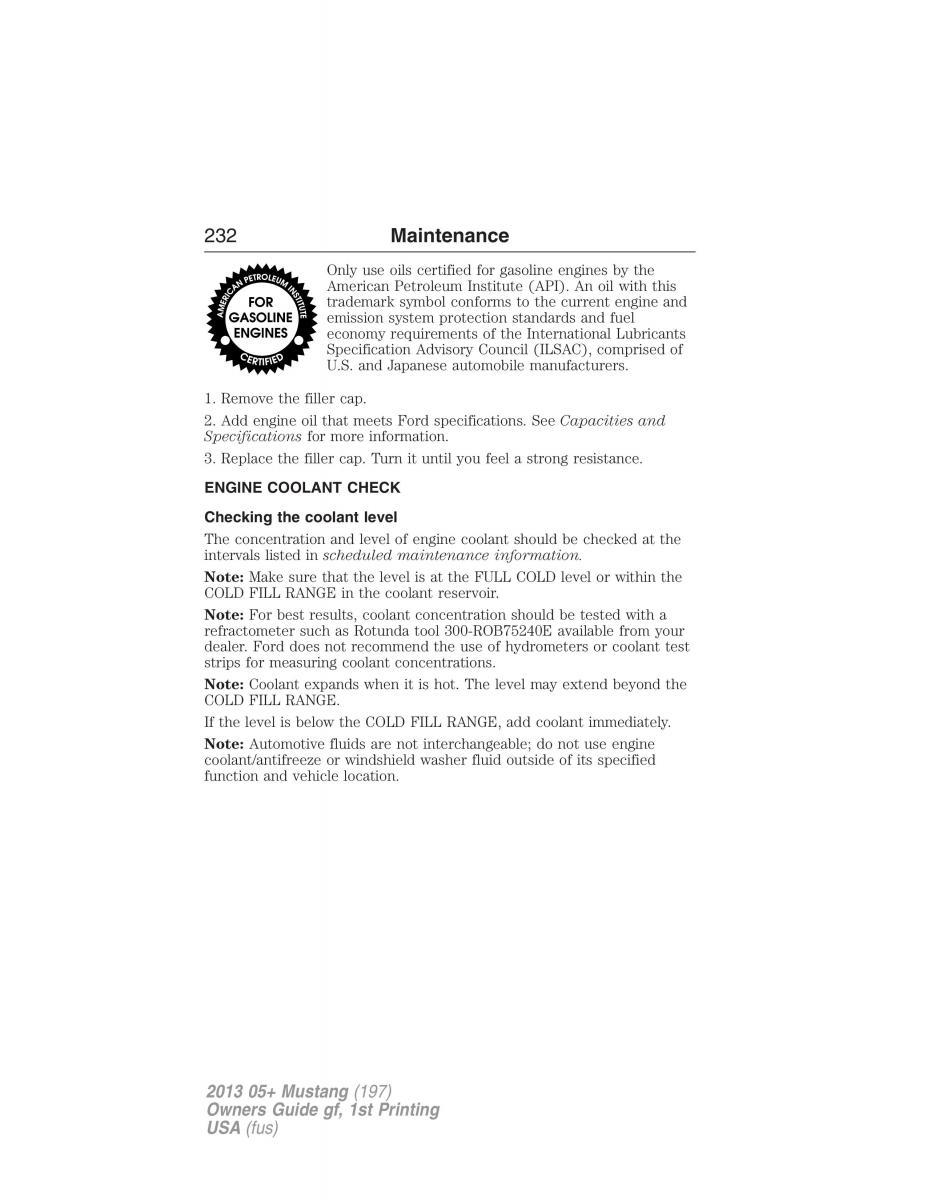 Ford Mustang V 5 owners manual / page 232