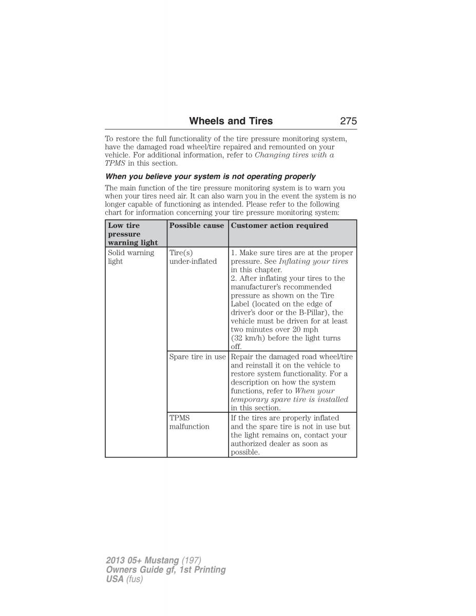 Ford Mustang V 5 owners manual / page 275