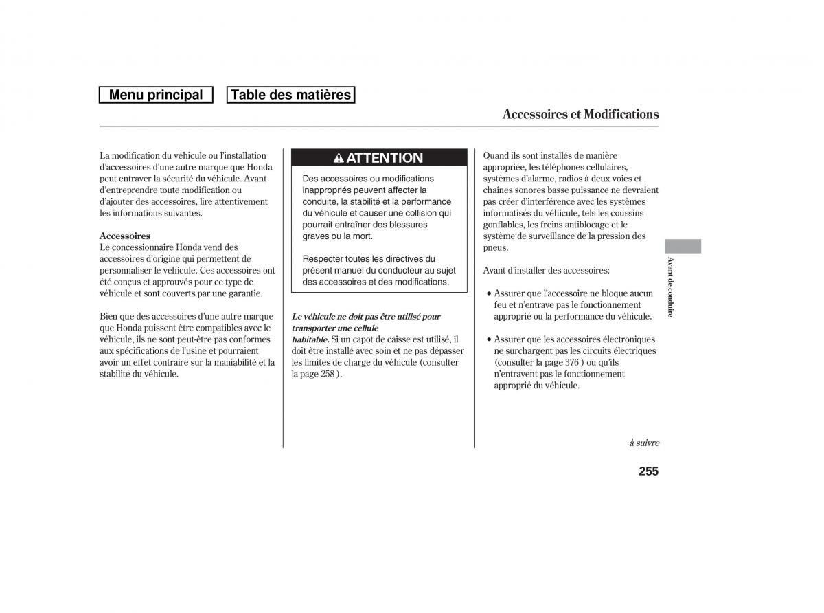 Honda Ridgeline I 1 manuel du proprietaire / page 262