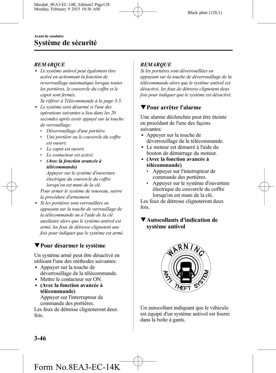 Mazda 6 III 3 manuel du proprietaire / page 128