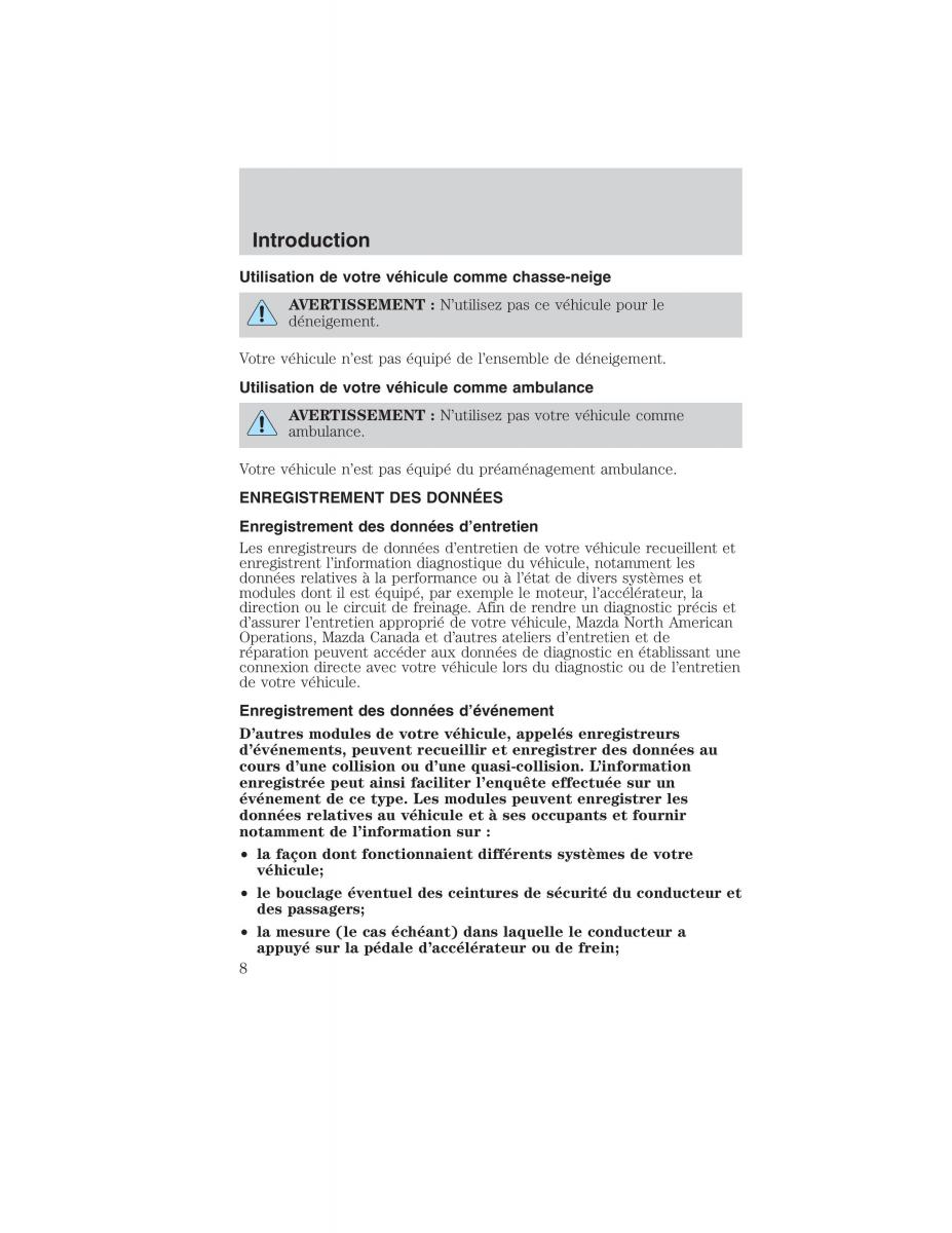 Mazda Tribute manuel du proprietaire / page 8