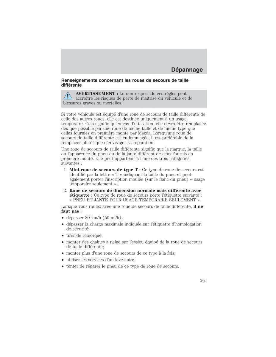 Mazda Tribute manuel du proprietaire / page 261