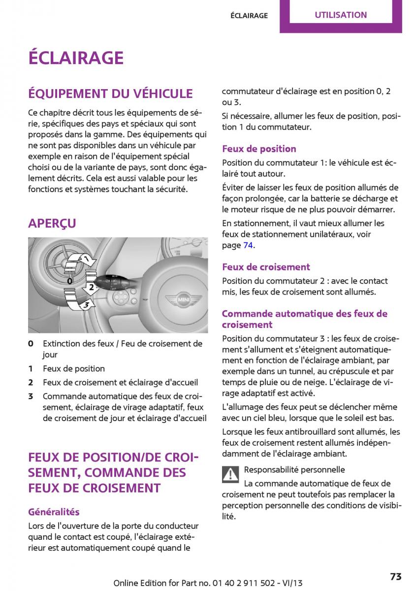 Mini Paceman manuel du proprietaire / page 73