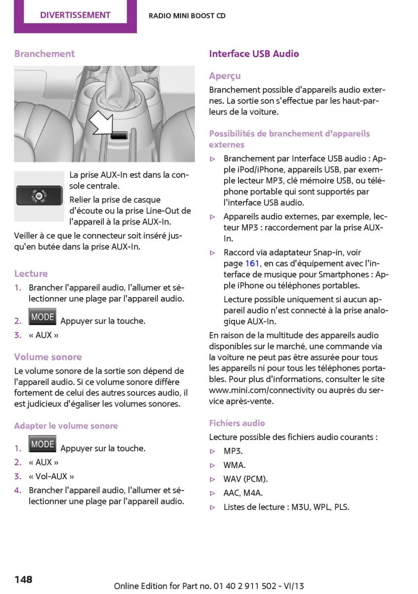 Mini Paceman manuel du proprietaire / page 148