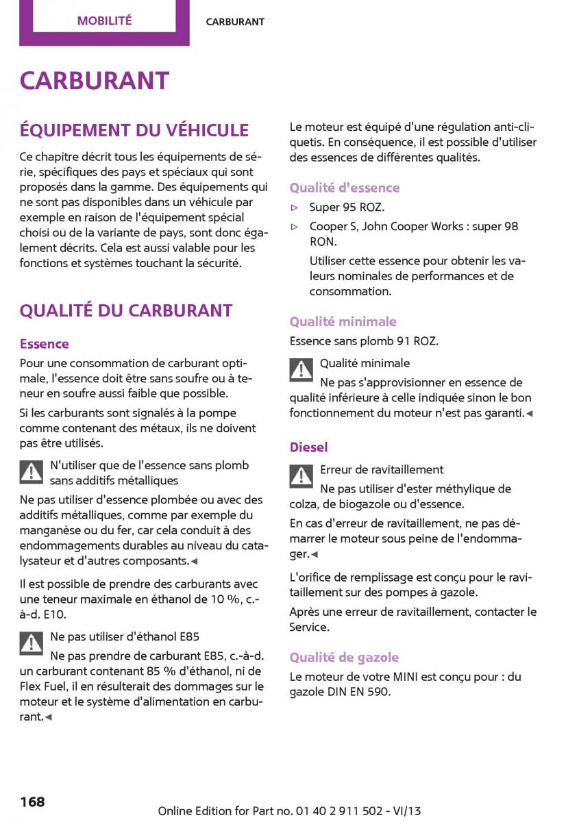 Mini Paceman manuel du proprietaire / page 168