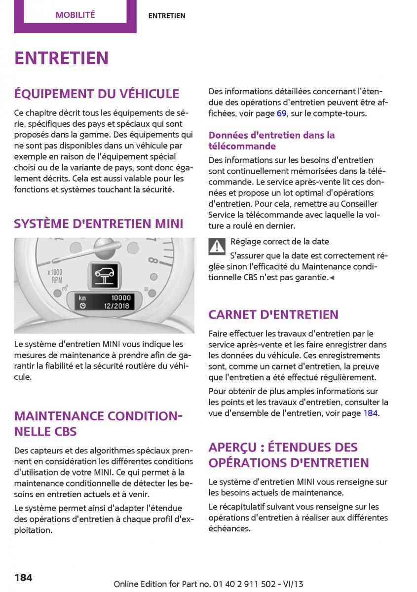 Mini Paceman manuel du proprietaire / page 184