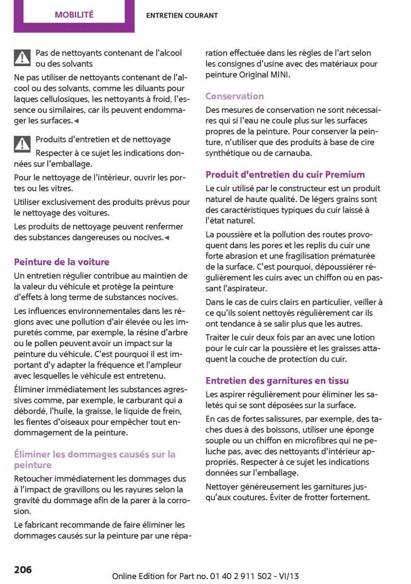 Mini Paceman manuel du proprietaire / page 206