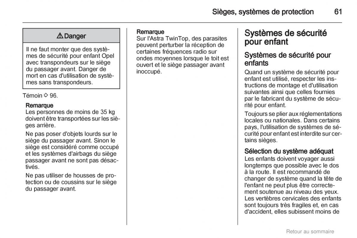 Opel Astra H III 3 manuel du proprietaire / page 61