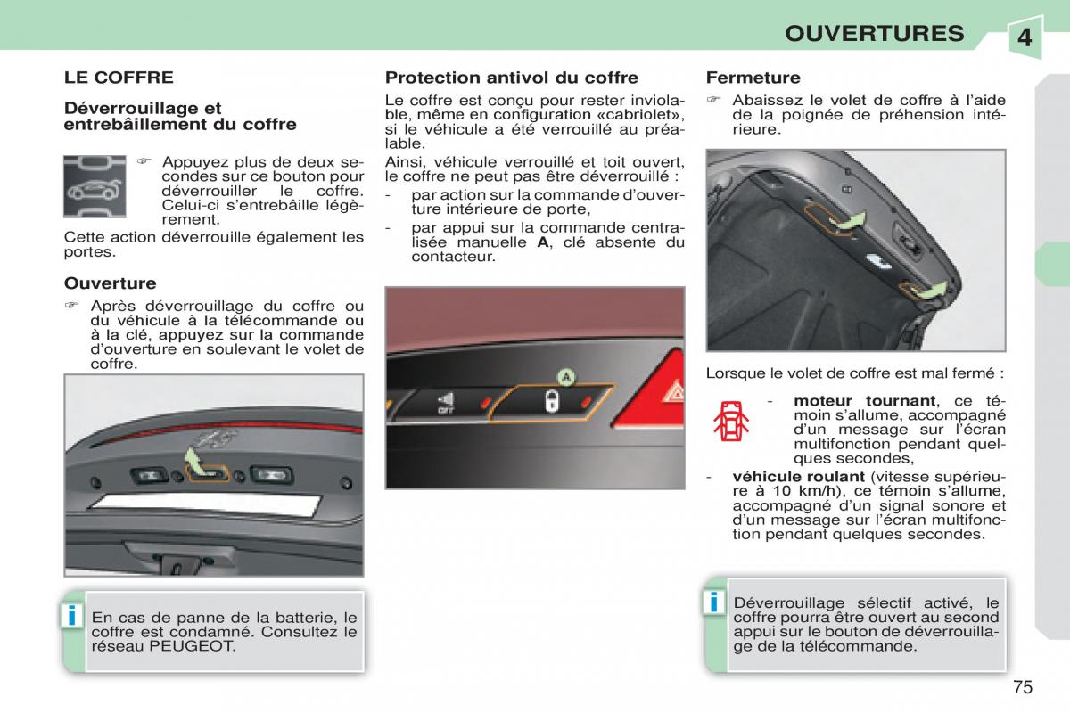 Peugeot 308 CC manuel du proprietaire / page 76