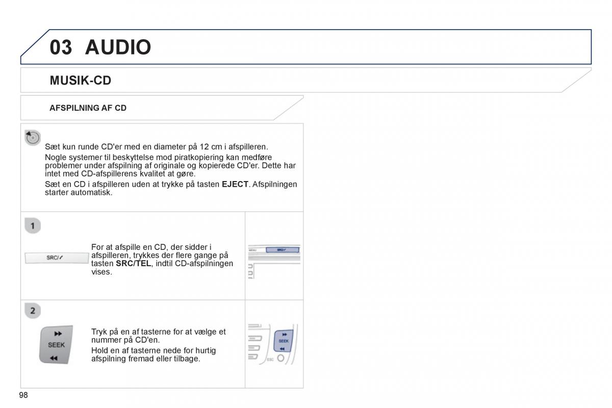 Peugeot 107 Bilens instruktionsbog / page 100