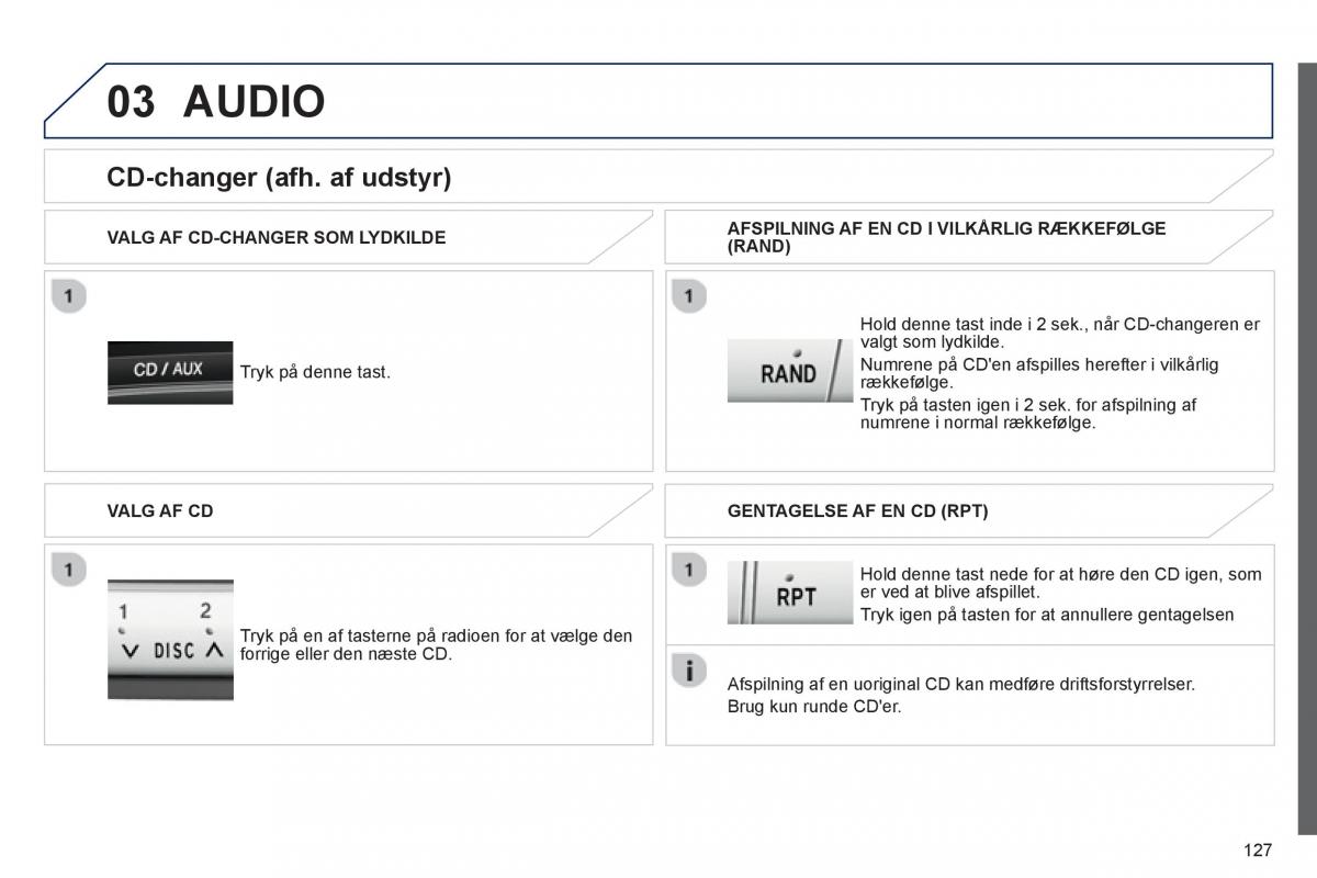 Peugeot 107 Bilens instruktionsbog / page 129