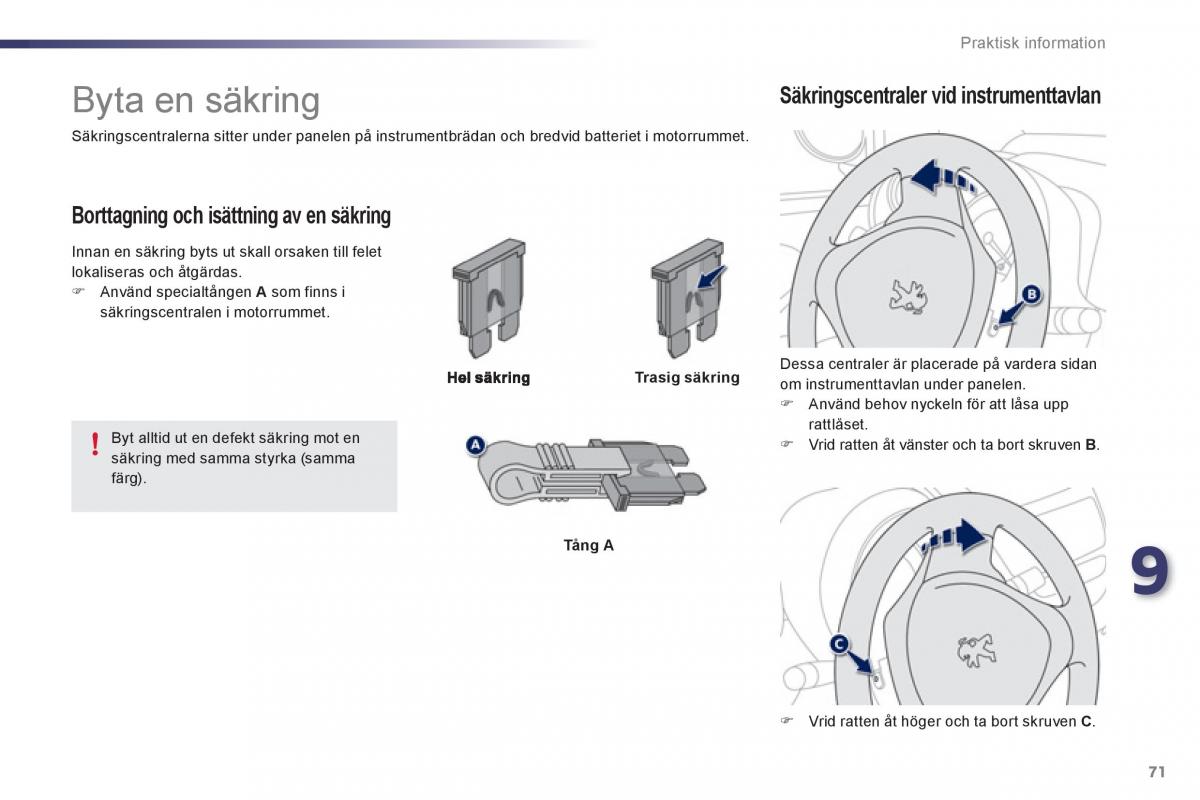 Bedienungsanleitung Peugeot 107 instruktionsbok / page 73