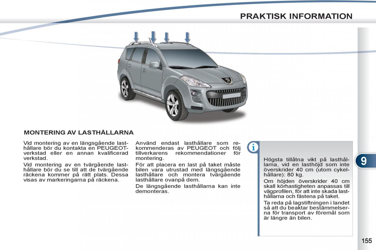 Peugeot 4007 instruktionsbok / page 157