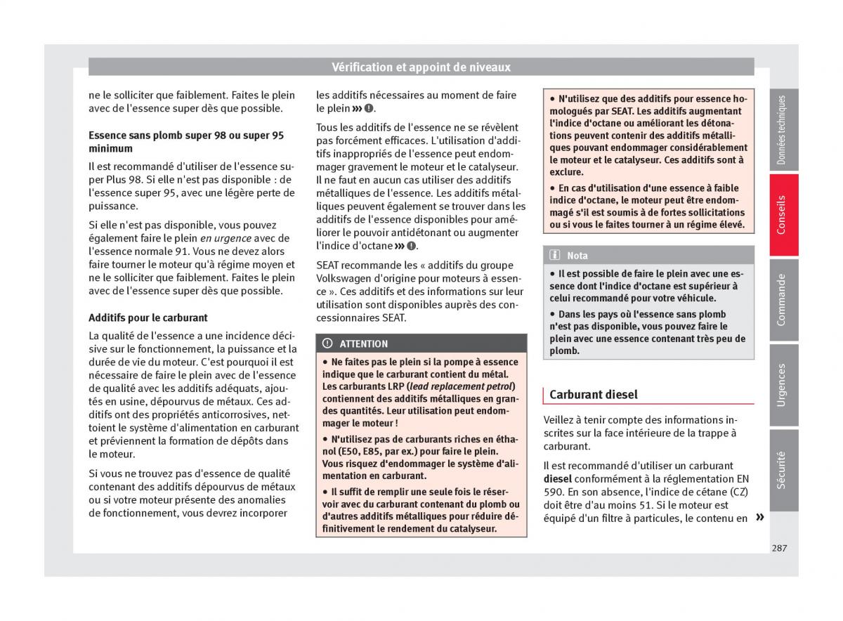 Seat Arona manuel du proprietaire / page 289