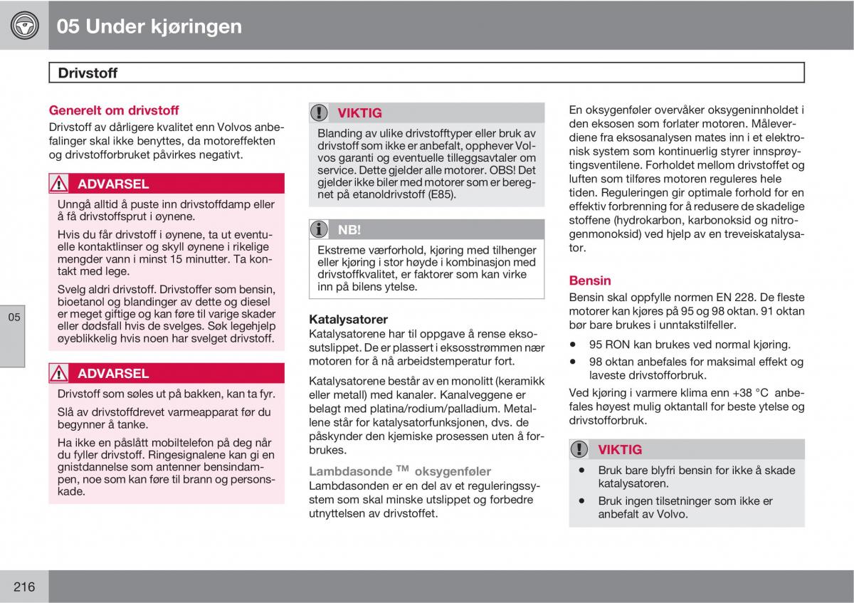 Volvo XC60 I 1 bruksanvisningen / page 216