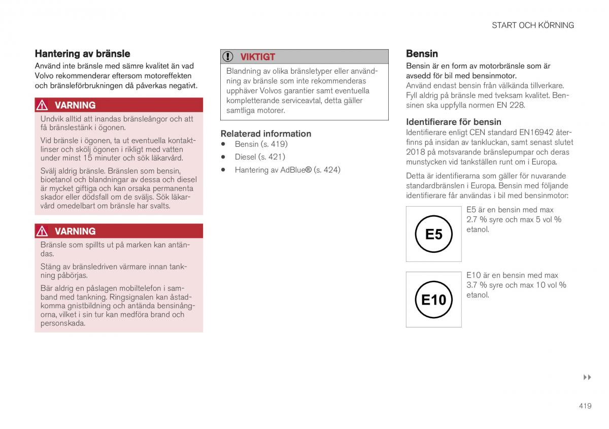 Volvo XC40 instruktionsbok / page 421