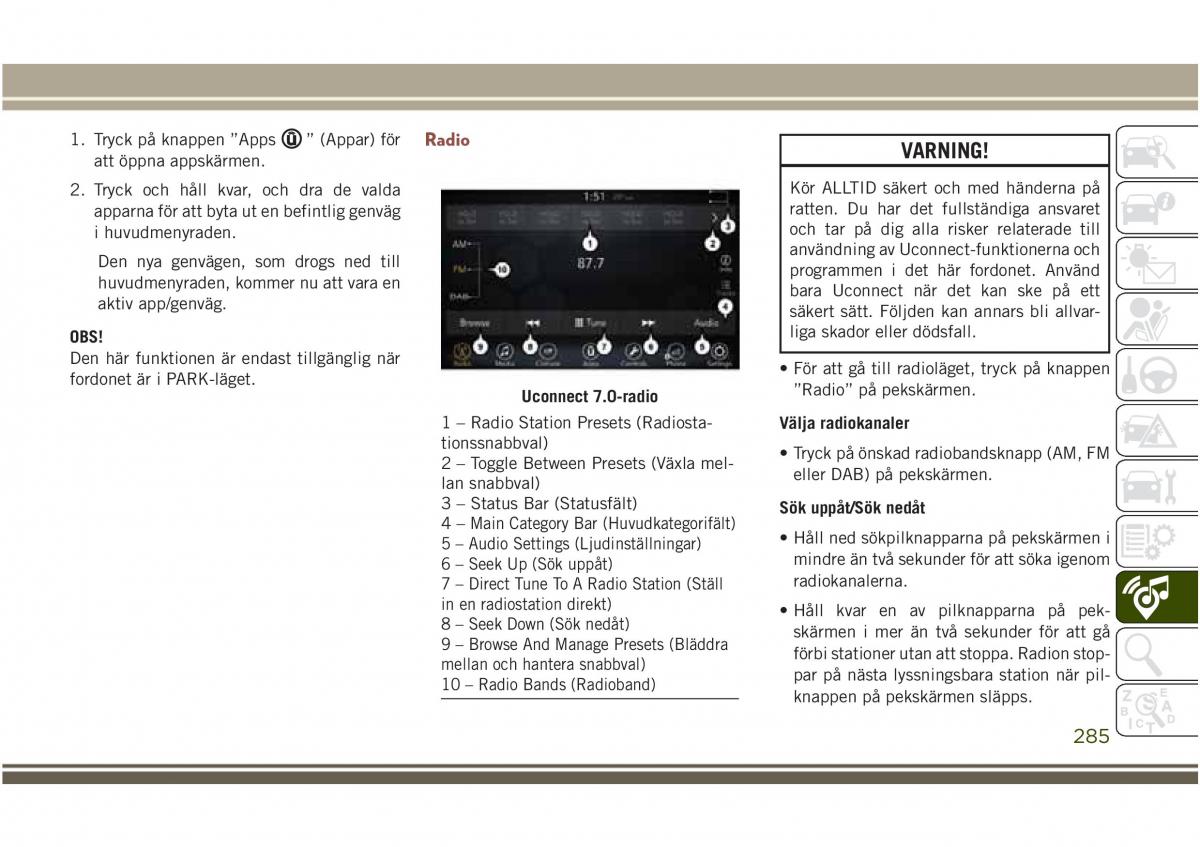 Jeep Compass II 2 instruktionsbok / page 287